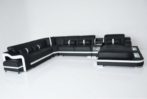 Leder Bank Bekleding Zitontwerp Hoekbank Bankstel Woonlandschap + Licht + USB