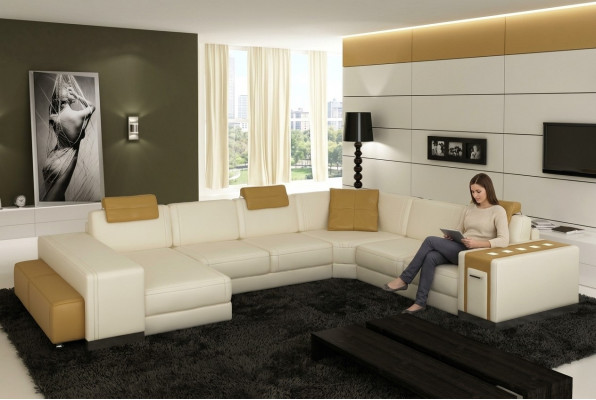 Woonlandschap Ontwerper Bank LED USB Bank Grote Bekleding Lederen Bankstellen Hoek Hoek Stoel