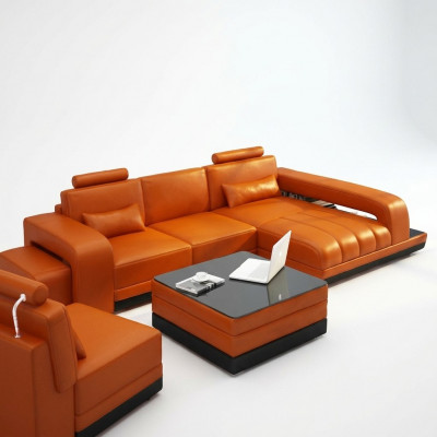 Leren bank woonlandschap hoekbank hoekset designbank USB oranje nieuw