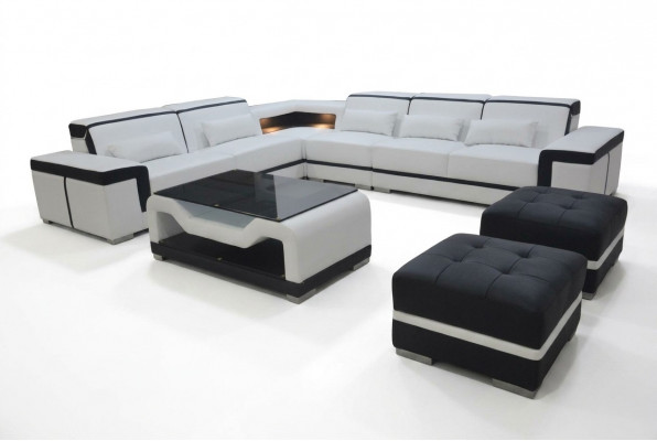 Leren bank met USB-kussens hoekbank set woonlandschap tafel kruk