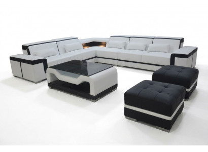 Leren bank met USB-kussens hoekbank set woonlandschap tafel kruk