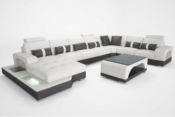 Leren bank met USB Moderne zithoekbank Gestoffeerde hoekbank Woonlandschap + Tafel