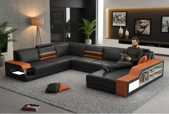 Designersofa hoekbank met USB, leren bankstel met bekleding en LED-verlichting.