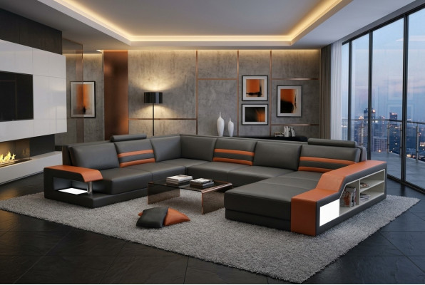 Designersofa hoekbank met USB, leren bankstel met bekleding en LED-verlichting.