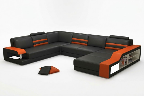 Designersofa hoekbank met USB, leren bankstel met bekleding en LED-verlichting.