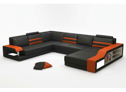 Designersofa hoekbank met USB, leren bankstel met bekleding en LED-verlichting.