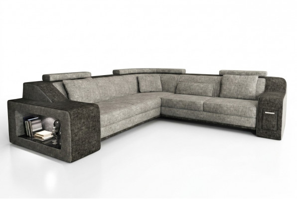 Hoekbank van leer en textiel bank met USB, gestoffeerde woonlandschap L set zitting Isching