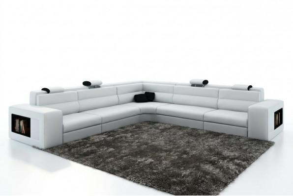 Leren bank Bank met USB, hoekbank zitkussen woonlandschap XXL Big Willow White