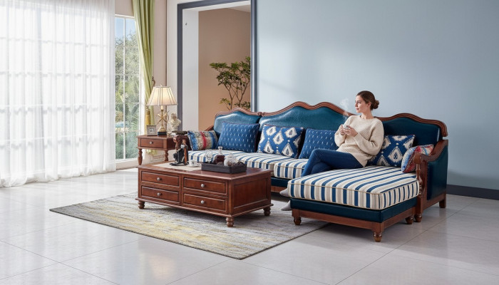 Blauw leren bank hoekbank gestoffeerde meubelen Klassieke Chesterfield meubelen