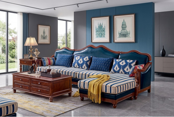 Blauw leren bank hoekbank gestoffeerde meubelen Klassieke Chesterfield meubelen