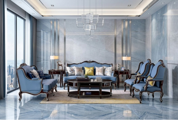 Luxe Klassieke Chesterfield gestoffeerde bankstel 3+2+1+1 zits Blauw Zwart.
