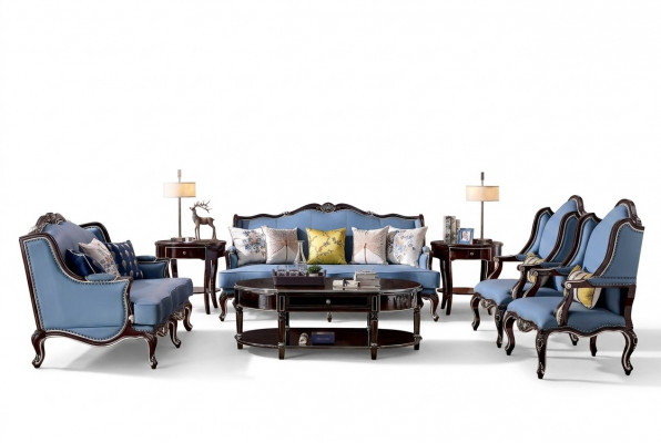 Luxe Klassieke Chesterfield gestoffeerde bankstel 3+2+1+1 zits Blauw Zwart.