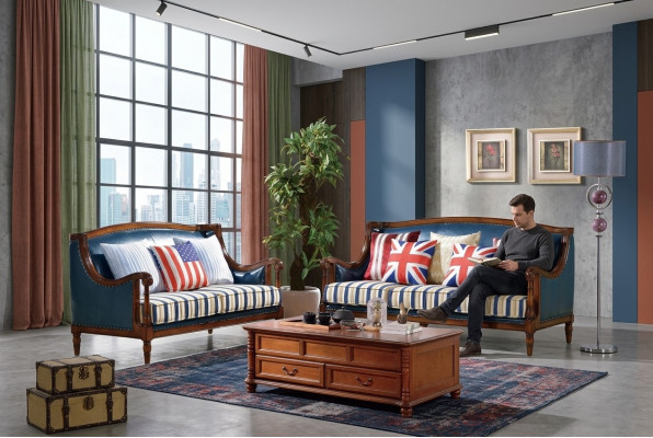 Blauw-bruine bankstel 3+2 zits leren bankstellen Luxe bankstellen Woonkamerset
