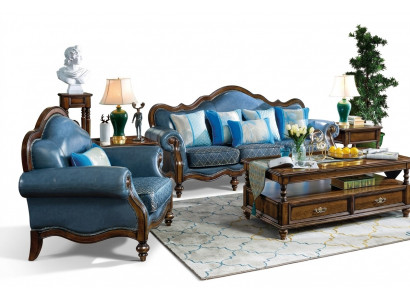 Blauwe barok rococo Chesterfield bankstelbank 3+1 zitplaatsenset