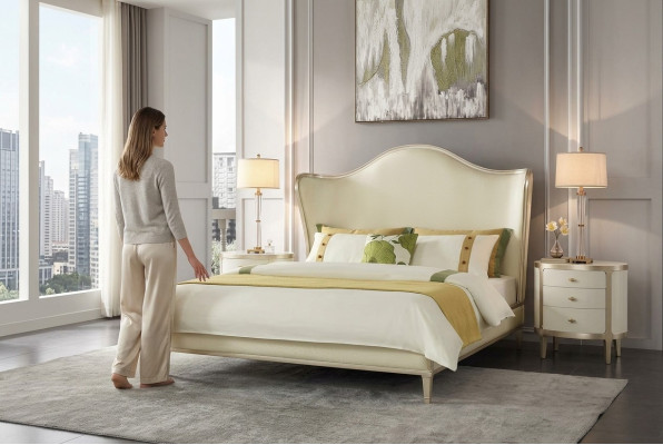 Modern slaapkamer set met tweepersoonsbed en nachtkastjes.