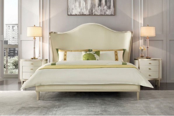 Modern slaapkamer set met tweepersoonsbed en nachtkastjes.
