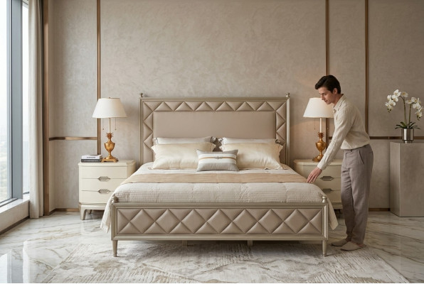 Slaapkamer Bed Bekleding Ontwerp Meubels Luxe Tweepersoons Beige Bedden Leer
