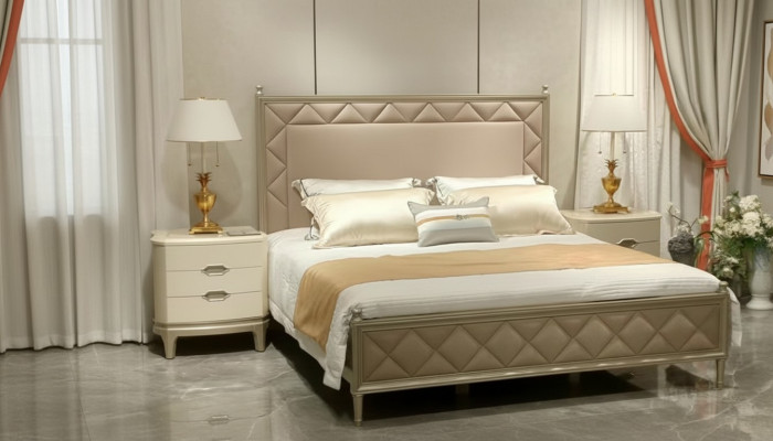 Slaapkamer Bed Bekleding Ontwerp Meubels Luxe Tweepersoons Beige Bedden Leer