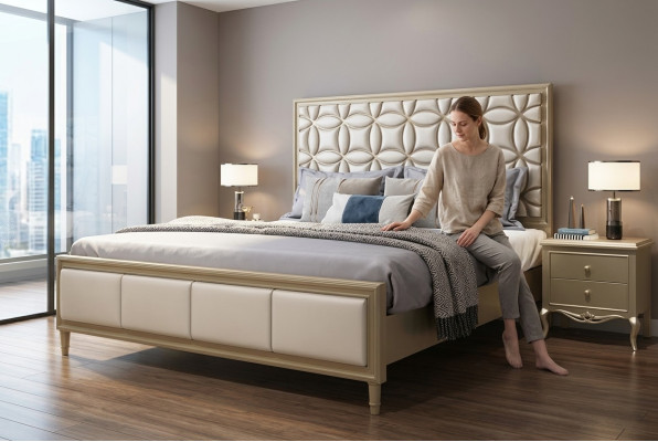 Bedden Twee persoonsbed Slaapkamer Kunstlederen bekleding Beige Tweepersoonsbedden Nieuw
