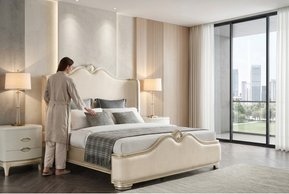 Bed 2x Nightstands 3 pcs. Bedroom Beige Designer Luxury Furniture Beds Wood