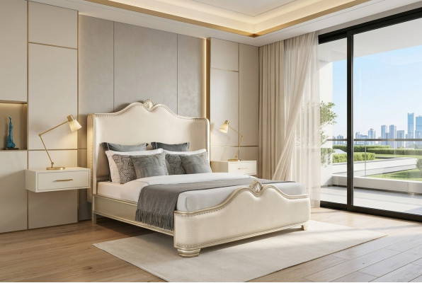 Bed 2x Nightstands 3 pcs. Bedroom Beige Designer Luxury Furniture Beds Wood