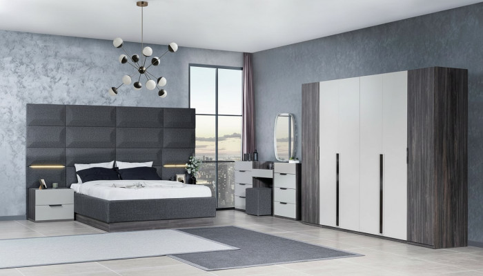 Slaapkamer Bed Nachtkastje Kledingkast Commode met Spiegel Meubelset 5-delig