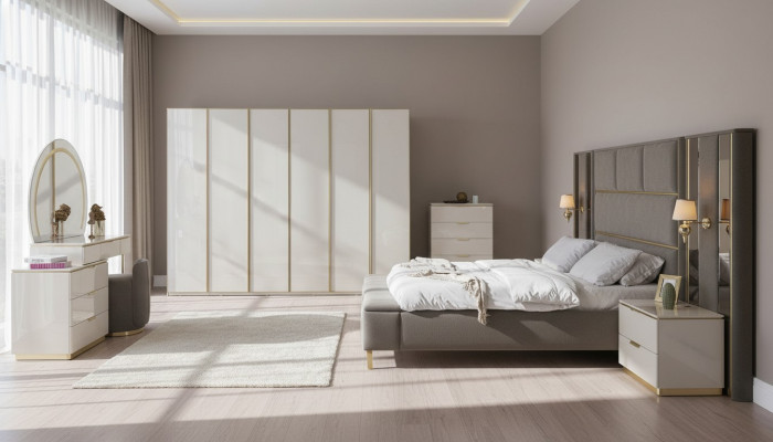 Luxe complete slaapkamer set beige goud commode bed nachtkastje 7-delige glans