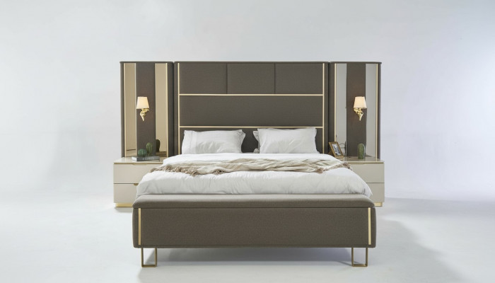 Bed Dubbel bed 2x Nachtkastjes Hout Ontwerp Bedden Slaapkamer Bekleding 3-delige set