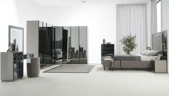 Luxe glazen slaapkamerbed nachtkastje hoekkast commode spiegel kruk grijs