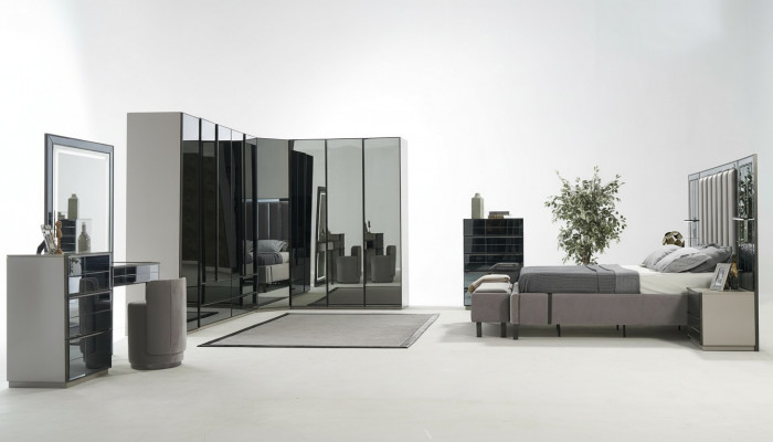 Luxe glazen slaapkamerbed nachtkastje hoekkast commode spiegel kruk grijs
