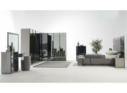 Luxe glazen slaapkamerbed nachtkastje hoekkast commode spiegel kruk grijs