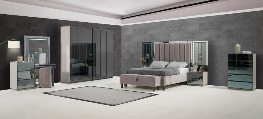 Slaapkamer set Bed 2x nachtkastje Kruk Dubbele Bedden Beklede meubels 4-dlg. Nieuw