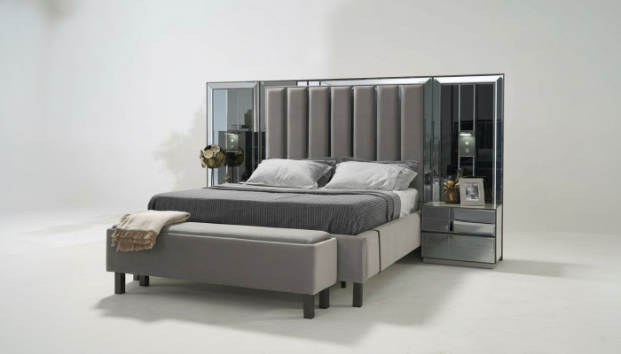 Slaapkamer set Bed 2x nachtkastje Kruk Dubbele Bedden Beklede meubels 4-dlg. Nieuw