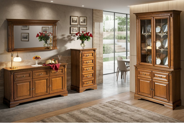 Woonkamerkast dressoir Italië spiegel klassieke set 3-delig hout