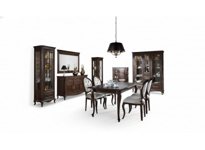 9-delige eetkamerset: tafel, dressoir, spiegel, vitrinekast.