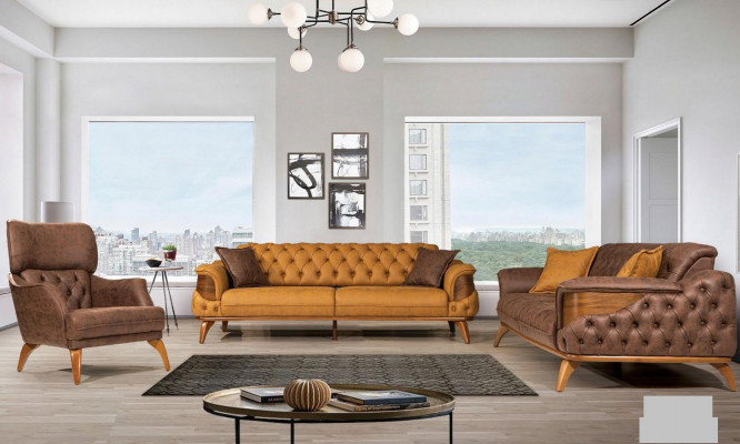 Driepersoons leren bankstel banken bankstellen luxe bank Chesterfield West-USA geel