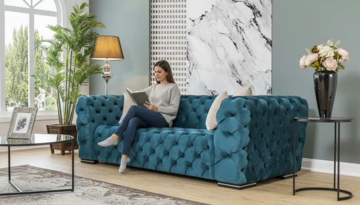 Chesterfield bank 4-zit ontwerp woonkamer stof hout gestoffeerd luxe blauw