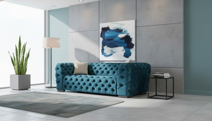 Chesterfield bank 4-zit ontwerp woonkamer stof hout gestoffeerd luxe blauw