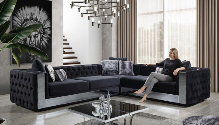 Zwart Chesterfield gestoffeerde bank Hoekbank Set Bekleding Luxe Hoekbanken