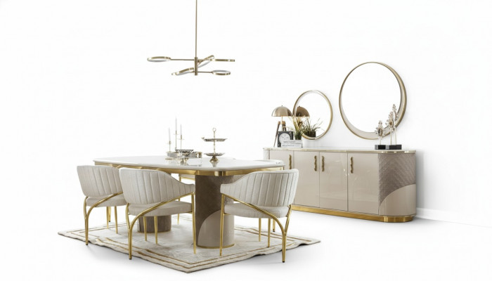 Eetkamerset 10-delig. Garnituur Luxe Tafel 6x Stoel Dressoir Spiegel Meubels Hout