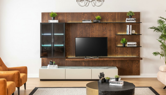 Luxe muurkasten kasten planken woonkamer vitrine houten design
