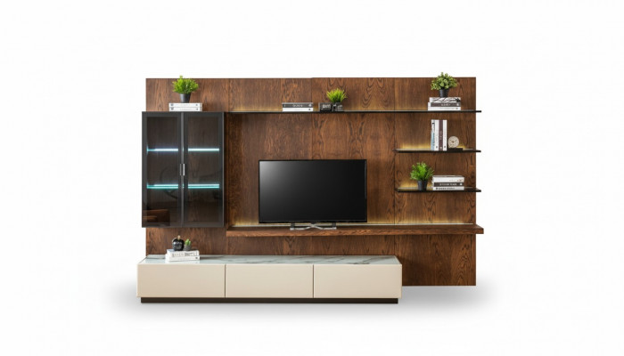 Luxe muurkasten kasten planken woonkamer vitrine houten design