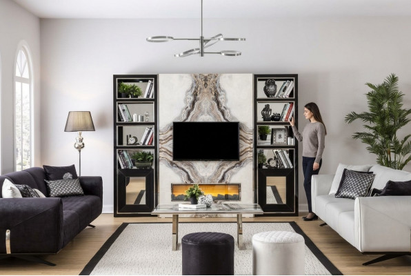 Luxe woonkamer wandmeubel tv-kast wanden marmerimitatie zwart 270cm