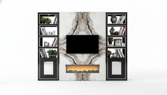 Luxe woonkamer wandmeubel tv-kast wanden marmerimitatie zwart 270cm