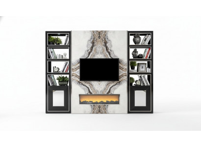 Luxe woonkamer wandmeubel tv-kast wanden marmerimitatie zwart 270cm