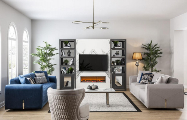 Luxe bankstel 4-zits woonkamer Modern design Blauwe leren banken Nieuw