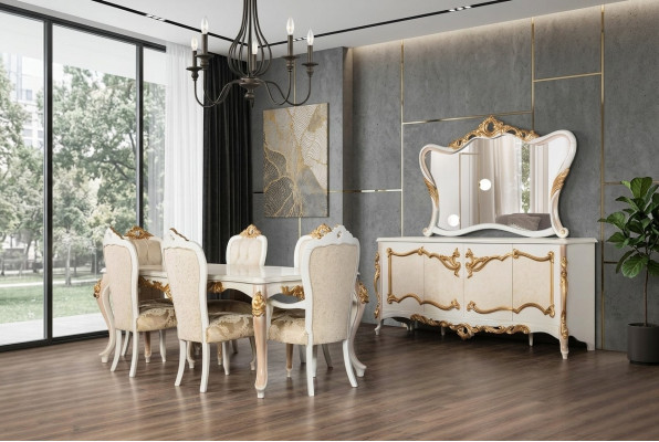 Compleet set eettafel + 6 stoelen eetkamer eetgroep hout dressoir + spiegel 9-delig