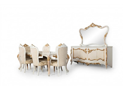 Compleet set eettafel + 6 stoelen eetkamer eetgroep hout dressoir + spiegel 9-delig