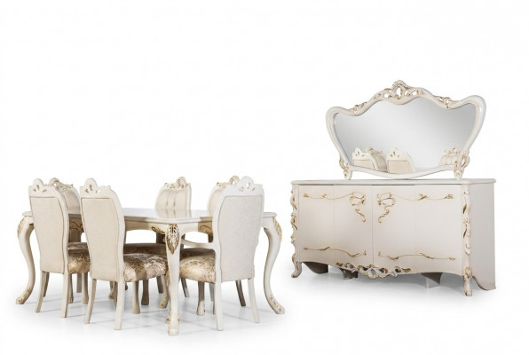 Eetkamer set 9-delig. Luxe meubilair Tafel 6x stoelen Dressoir Spiegel Nieuw Meubilair