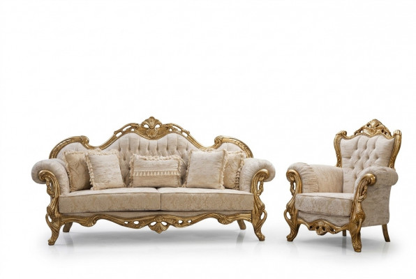 Chesterfieldbank en fauteuil in beige in hoogwaardig luxueus design